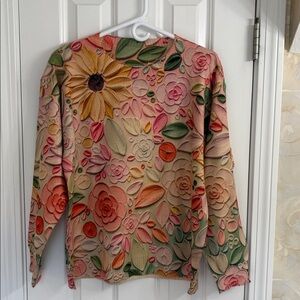 Lightweight Floral Print Sweater Crew Neck, Long Sleeve Size Large EUC